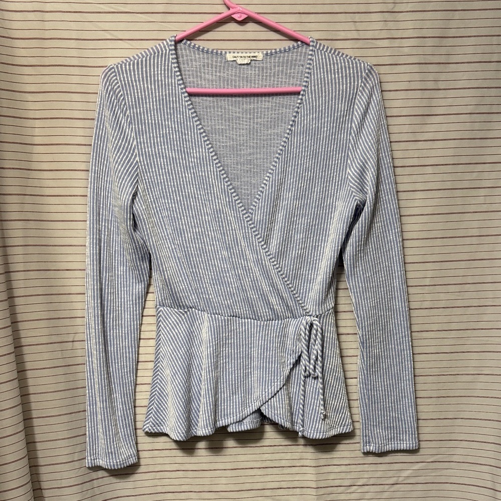 Caution To The Wind Blue Striped Wrap Blouse